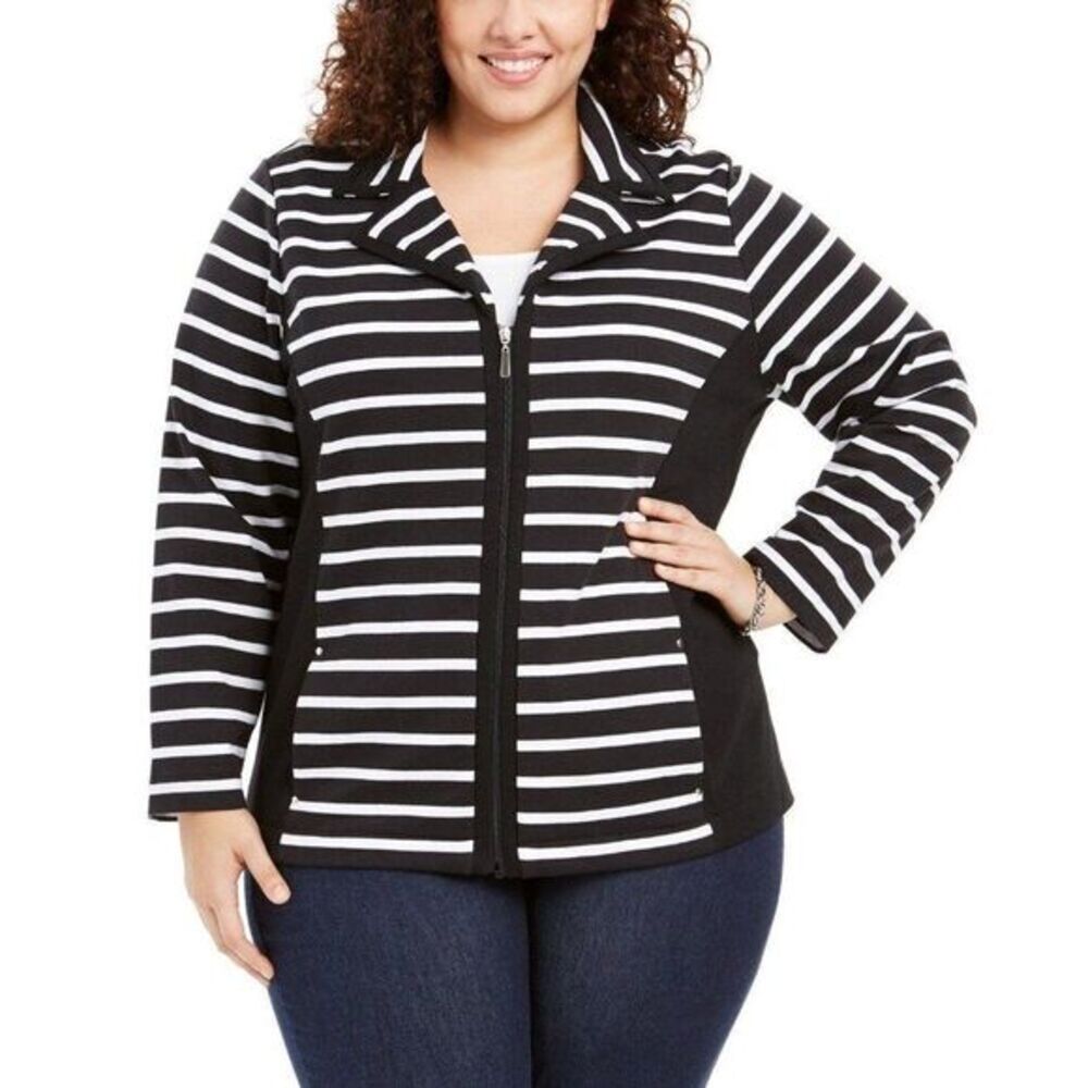 Karen Scott Plus Size Black White Stripe Zip Front Jacket Top 1X NEW
